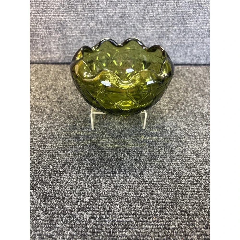 Vtg~Indiana Glass~Avocado Green~Quilted/Diamond/Ruffle Candy/Trinket Dish‎